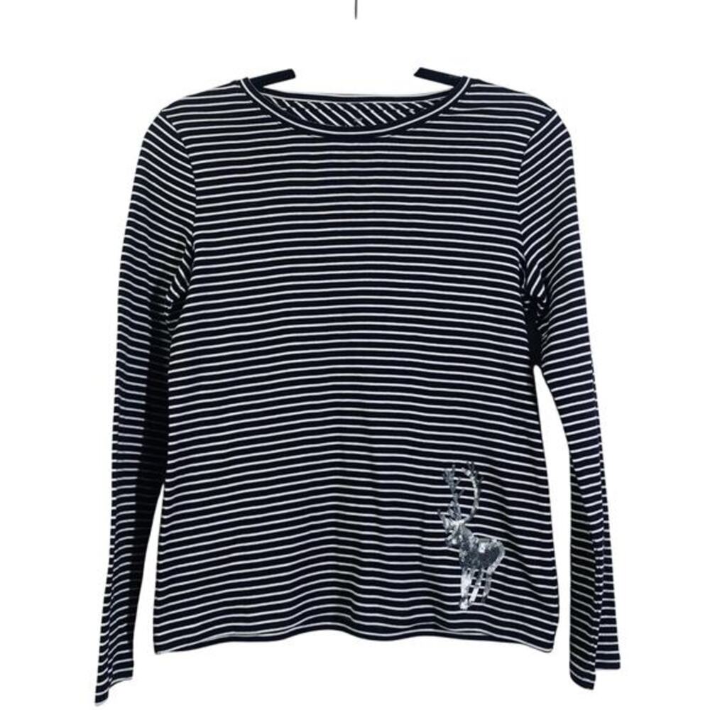 TALBOTS Top Shirt Blouse SP Striped Holiday Sequin Reindeer Crew Neck Prima